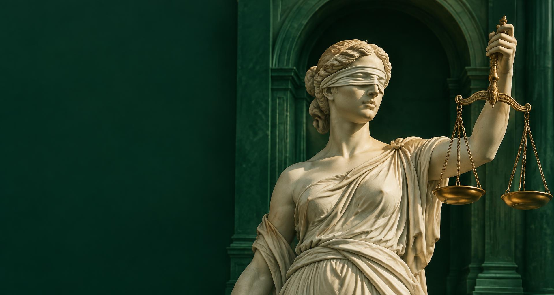 An ivory Lady Justice sculpture and brass scales in an emerald architectural setting
